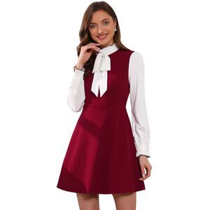 Contrast Color for Vintage Long Sleeve Tie Neck Dress Burgundy